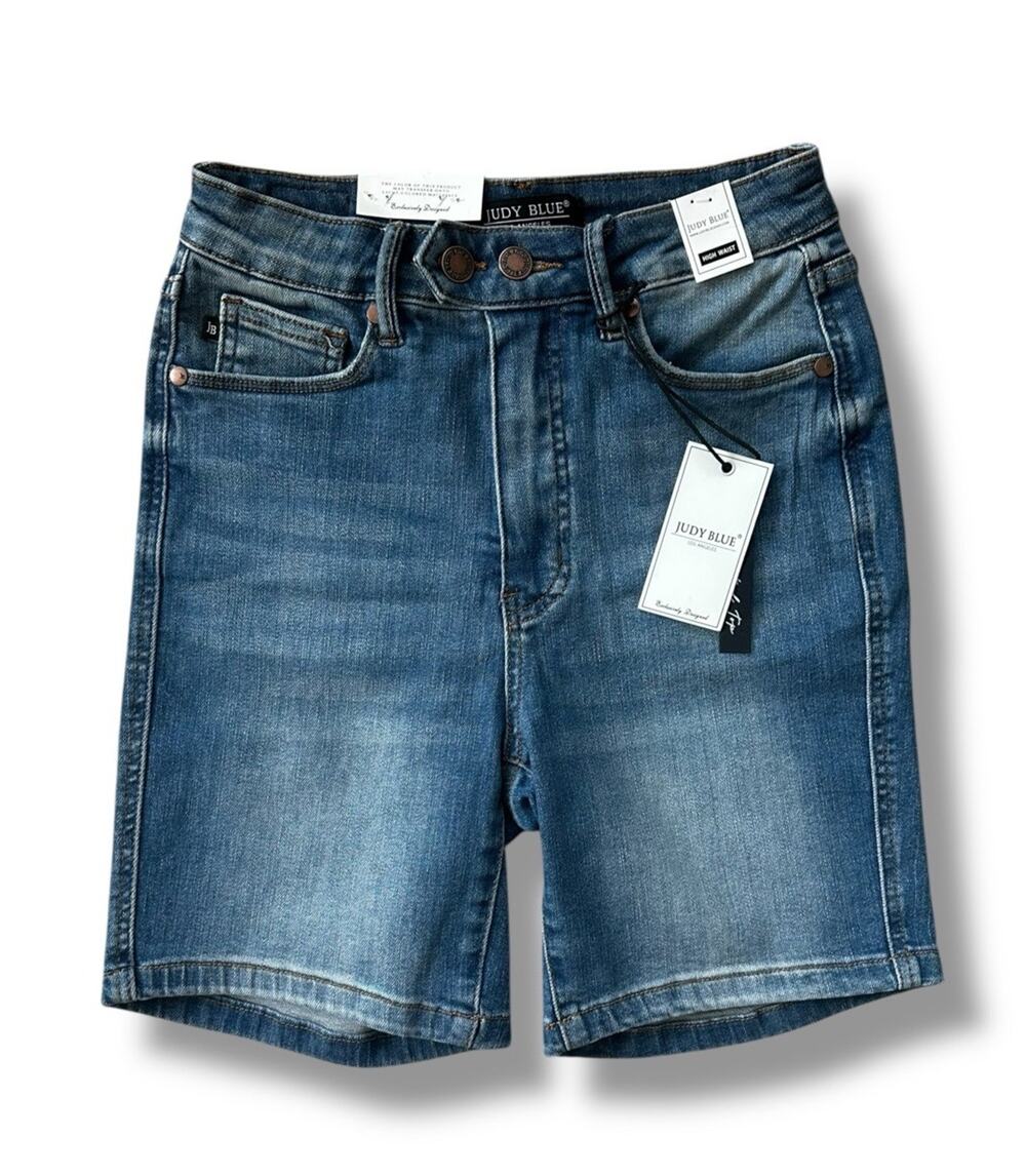 New Judy Blue Medium Blue Double Button Control Top Denim Jean Shorts Size Small